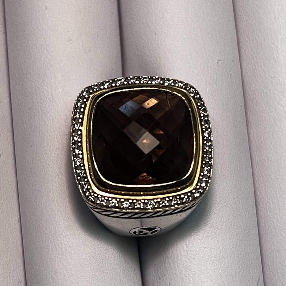 David Yurman Albion Ring Silver/18K Gold with Smoky Quartz & Diamonds Size 7.5